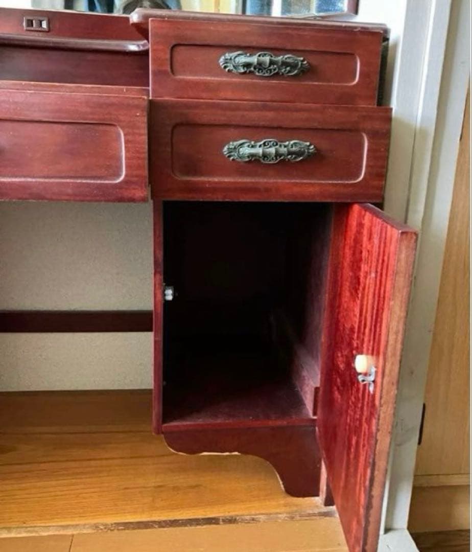 レトロ　昭和ヴィンテージ　鏡台　ワインレッド　赤