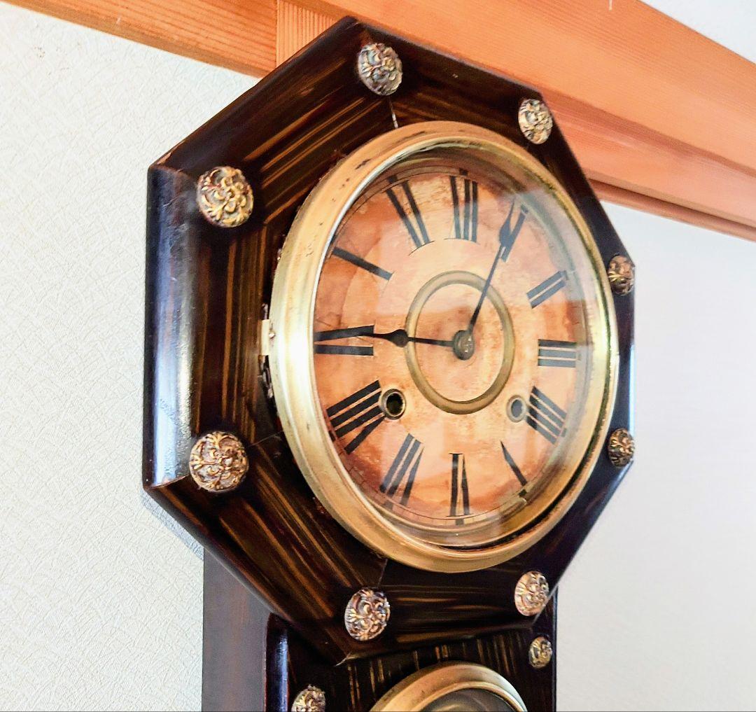 〈完動・美品〉精工舎　硝子絵　小型花ぼたん八角ゼンマイ振り子時計　古時計