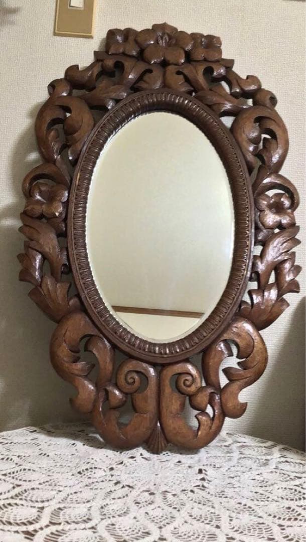 昭和レトロ・壁掛けミラー・鏡・手彫り彫刻・インテリア雑貨・アンティーク・古道具