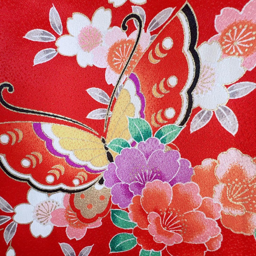 セット　七五三　７歳女の子　赤地　蝶牡丹　黒地袋帯亀甲鶴　袖なし長襦袢7099