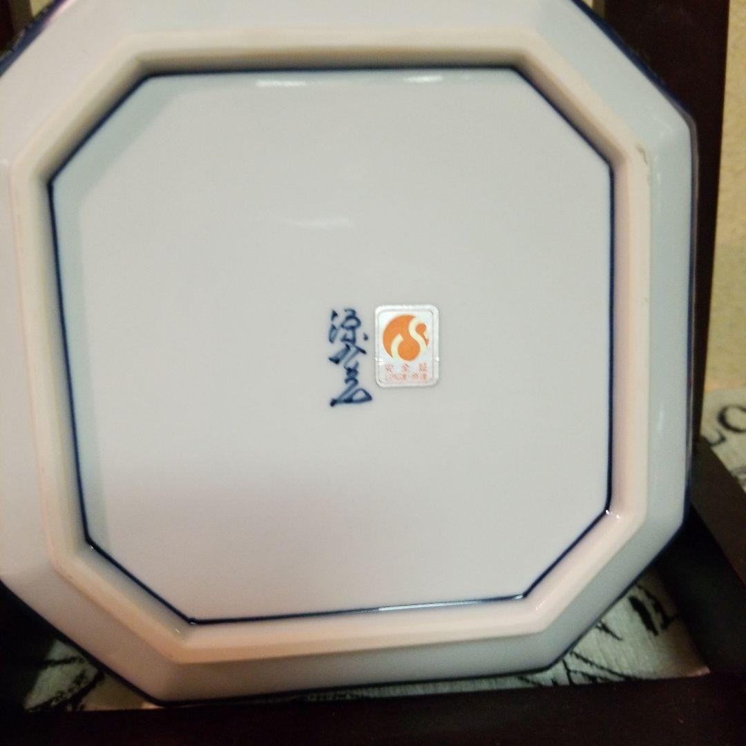 源内焼 八角形皿 ー染錦水鳥図