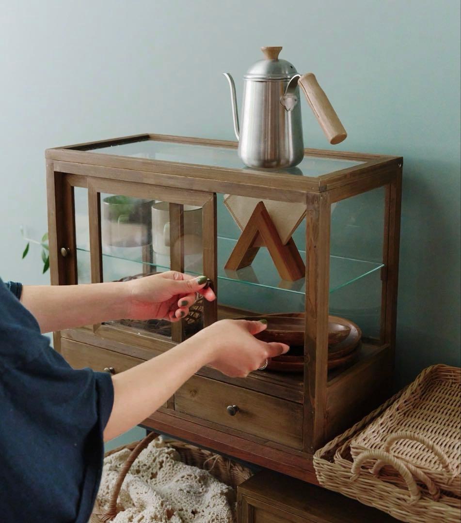 昭和　レトロ　ガラスケース　キャビネット　引き戸棚　ショーケース　卓上　ウッド