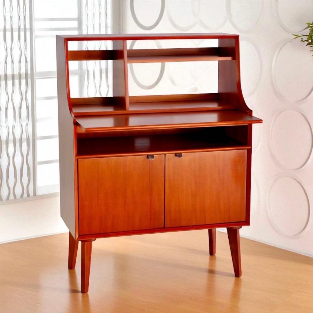 E 新品 北欧 ライティングデスク 机 赤茶色 飾り棚 カフェ テーブル