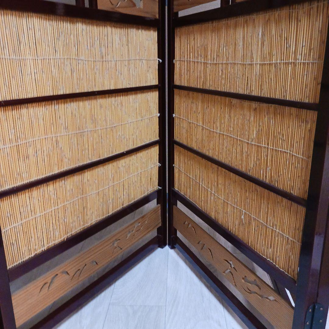 天然木 4連 衝立 すだれ屏風 透かし彫り 和モダン 間仕切り 昭和レトロ