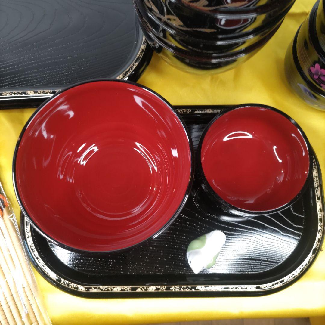 未使用品】漆器 漆芸 お椀2種 お盆 お箸 箸置き 各5客セット 桂由美