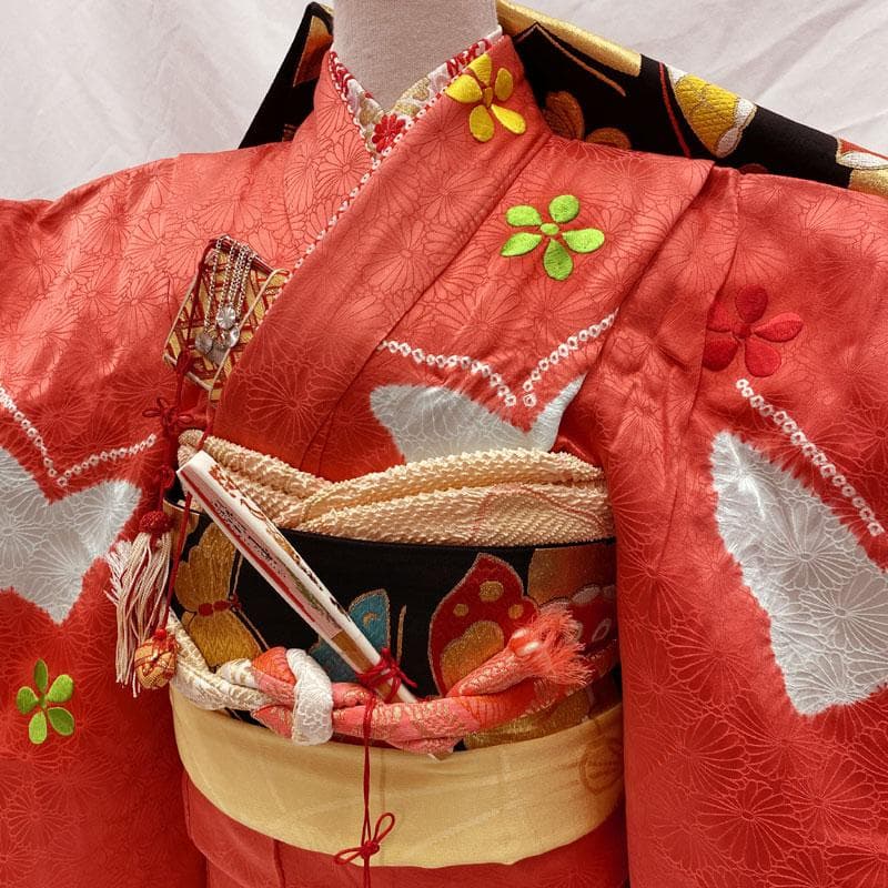 410ag15◎七五三 七歳 女児 着物&袋帯&長襦袢 部分絞り 刺繍◎美品