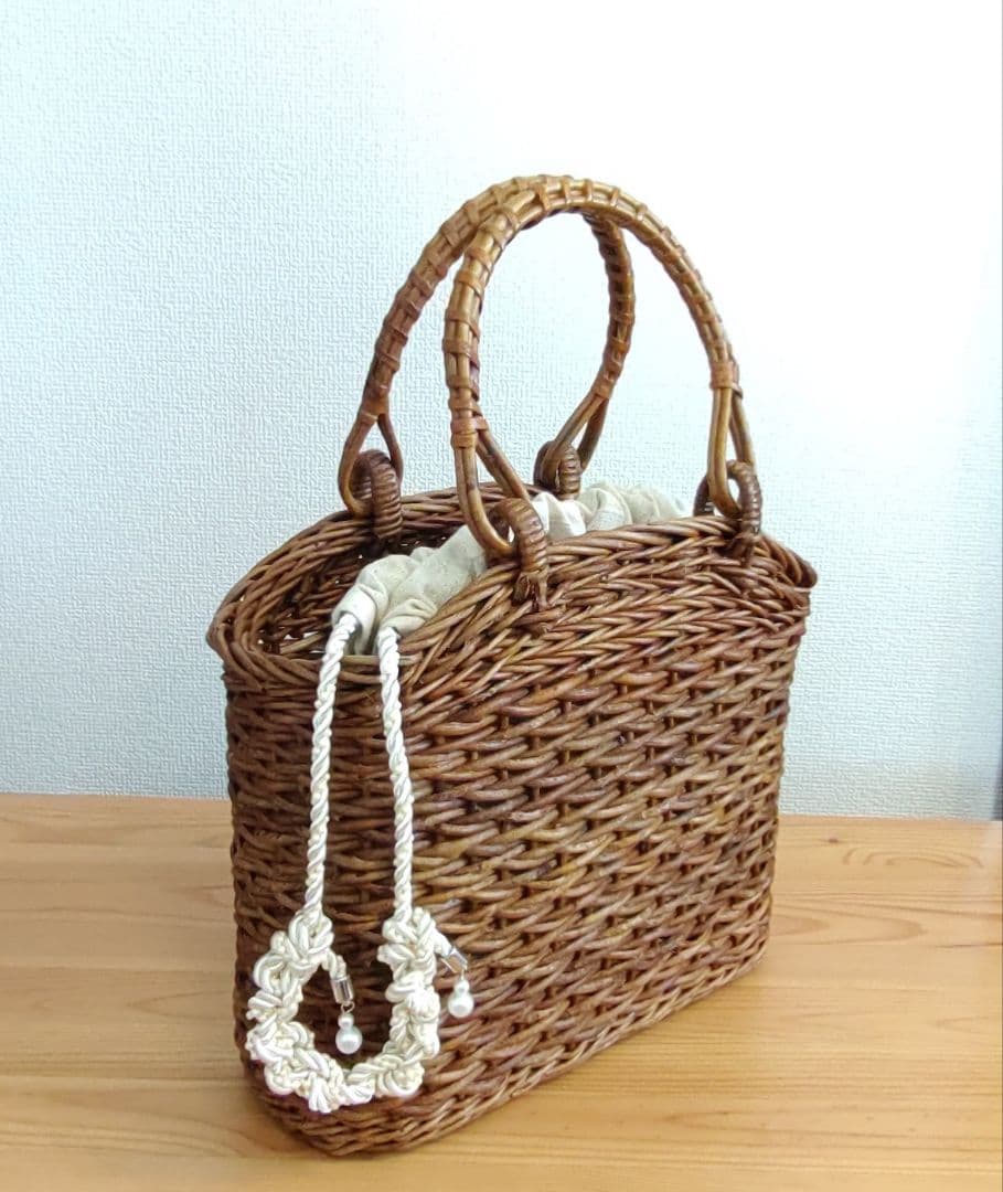 【美品】天然素材あけびブラウン編み込みトートバッグ