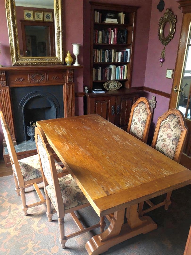 英国アンティーク調】ダイニングチェア ゴブラン織 花柄 鋲打ち 木製 4