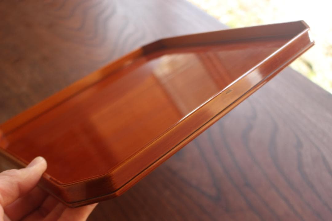 保管のみ！優美な拭き漆の映える小ぶり隅切四方膳（検飛騨春慶塗懐石膳