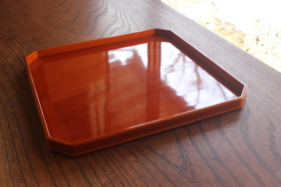 保管のみ！優美な拭き漆の映える小ぶり隅切四方膳（検飛騨春慶塗懐石膳