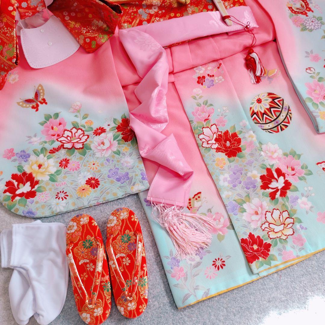 七五三 6歳 7歳 着物 作り帯 バッグ 草履 小物セット ピンク 水色系