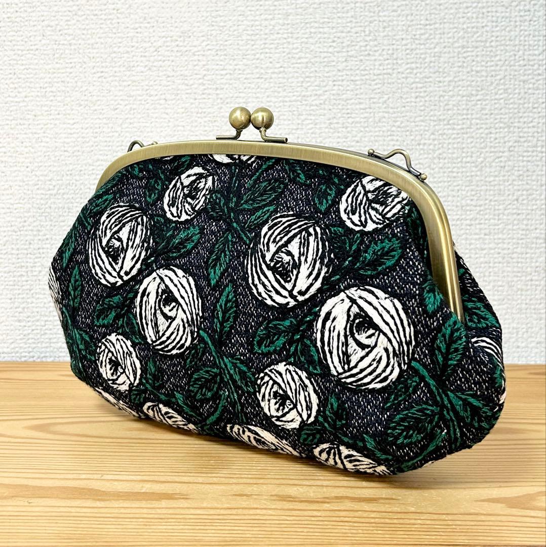 ハンドメイド がま口バッグ ポーチ クラッチ rosy ネイビー　ミナペルホネン