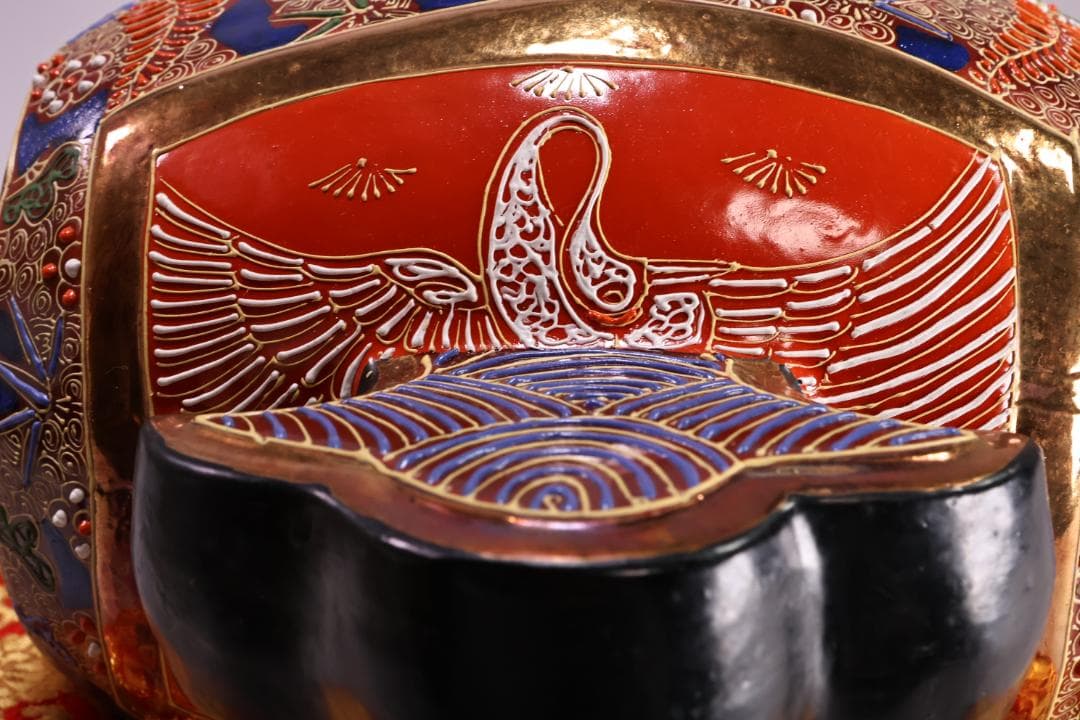 九谷焼名工 陶ハ 松鶴乃図 御小槌 金運 財運 開運 商売繁盛 置物 BJ177