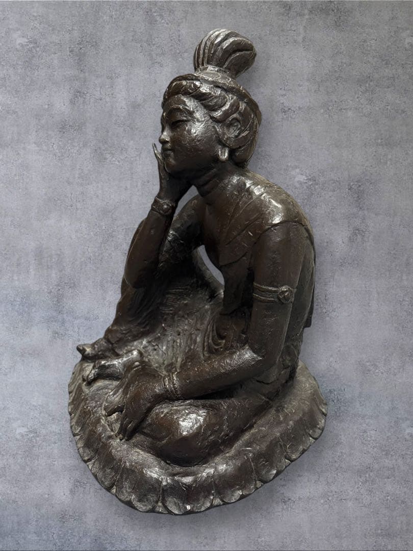 【やすらぎ】友沢正彦 おはぐろ技法 ブロンズ像 銅像 如意輪観音菩薩坐像 共箱