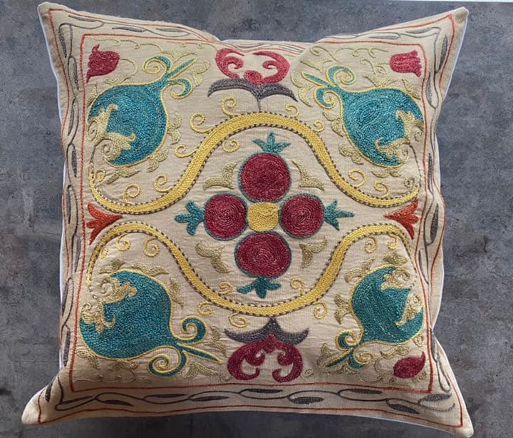 ウズベキスタン製 シルク スザニ刺繍 クッションカバー 45×45 SZN712