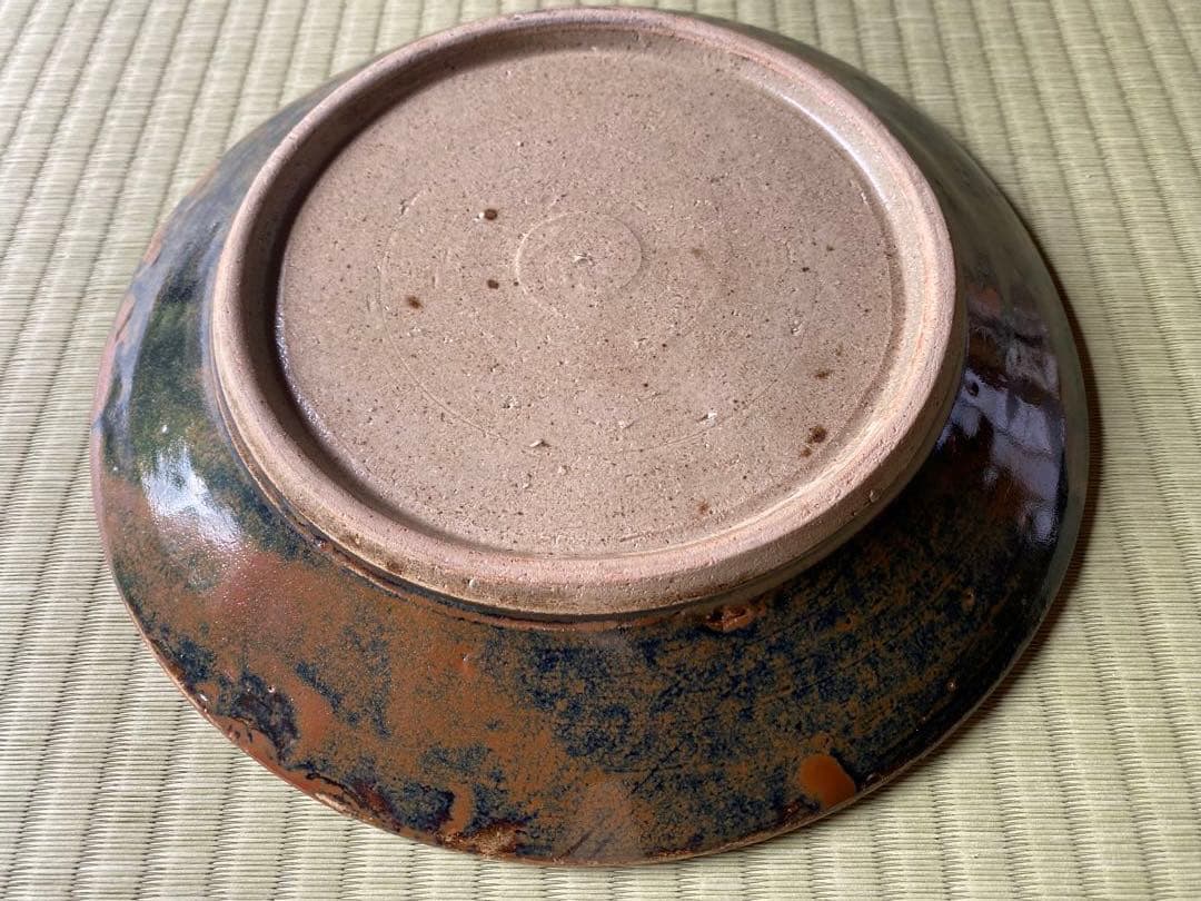 極上！優美大皿人間国宝濱田庄司作 《唐黍文柿釉抜絵皿》（検益子焼浜田庄司