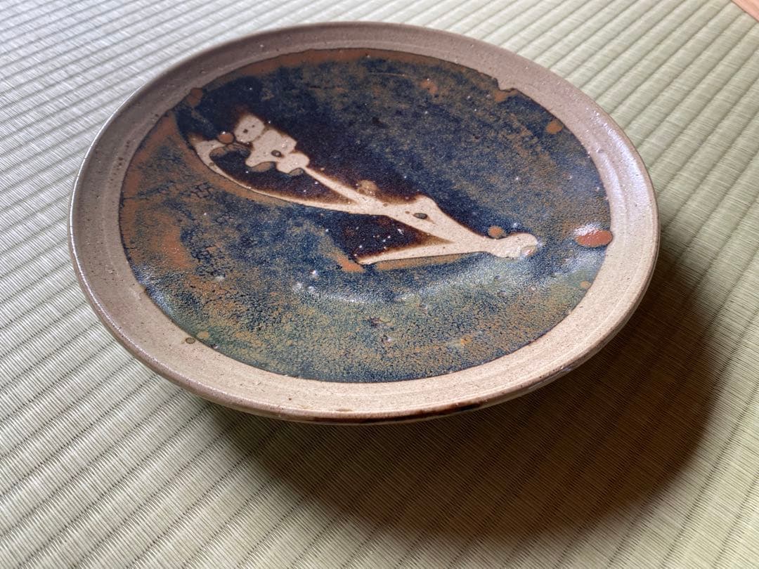 極上！優美大皿人間国宝濱田庄司作 《唐黍文柿釉抜絵皿》（検益子焼浜田庄司