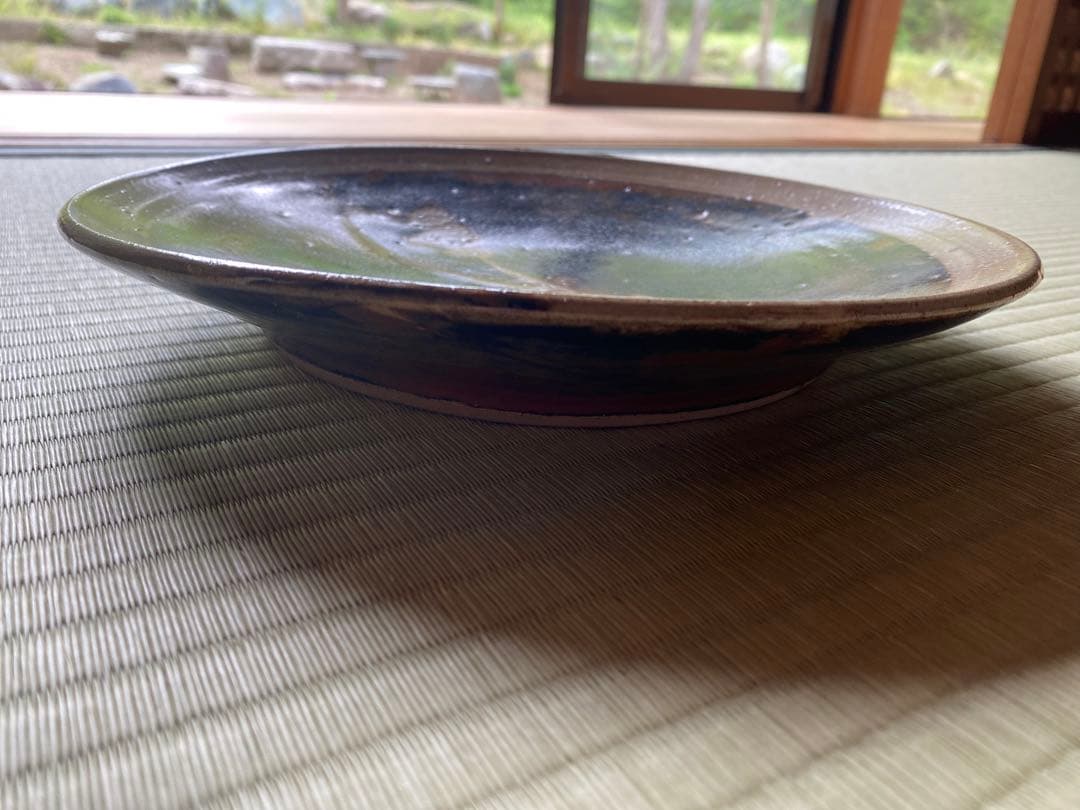 極上！優美大皿人間国宝濱田庄司作 《唐黍文柿釉抜絵皿》（検益子焼浜田庄司