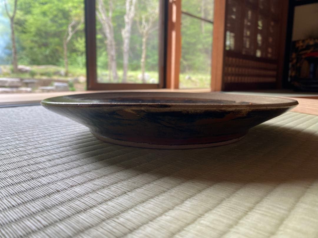 極上！優美大皿人間国宝濱田庄司作 《唐黍文柿釉抜絵皿》（検益子焼浜田庄司