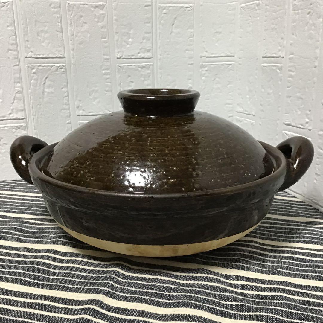 長谷園　伊賀物　伊賀焼　陶器製 丸型 土鍋 茶色