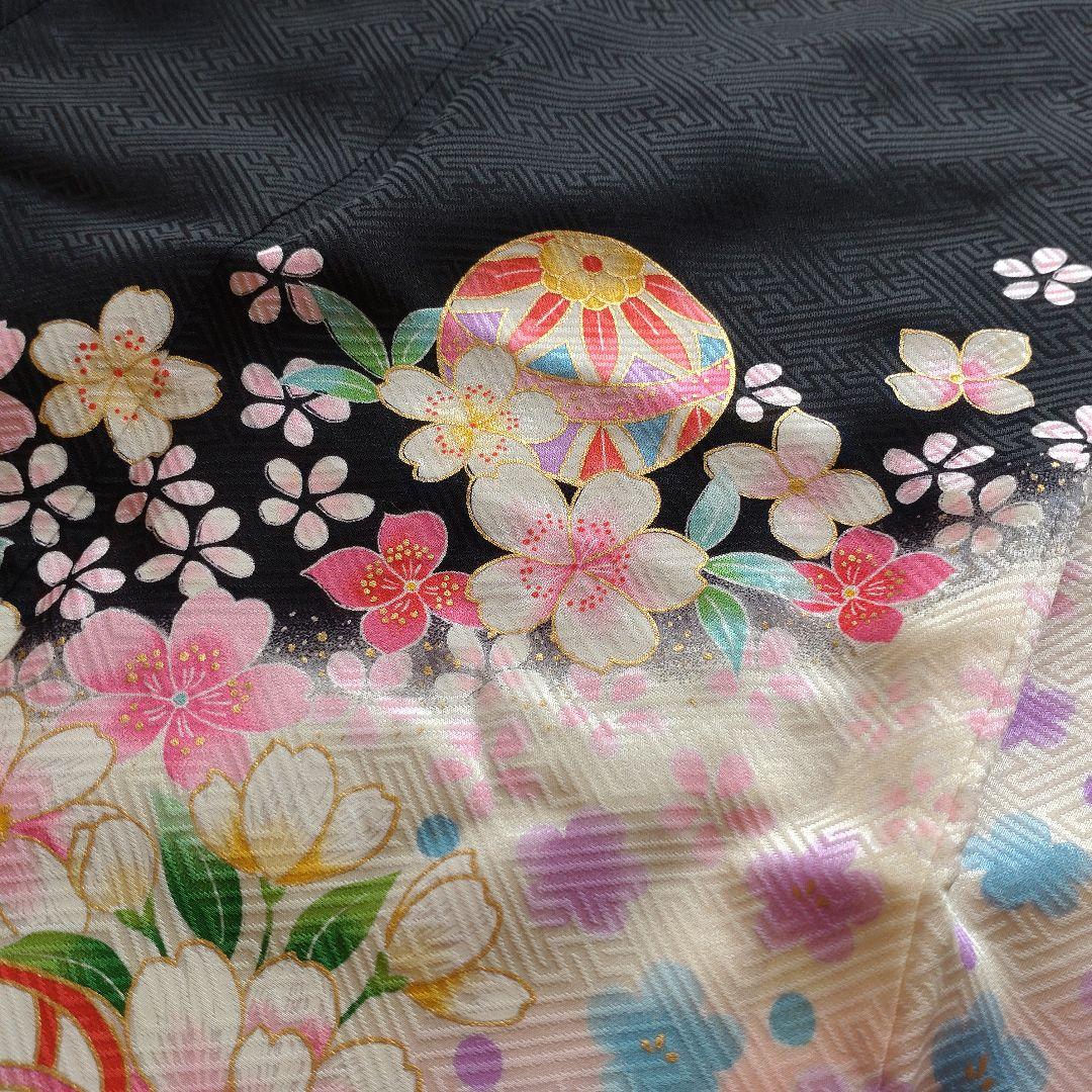 七五三 7歳 女の子 着物 フルセット 正絹 帯はこせこセット 黒地 八重桜 鞠