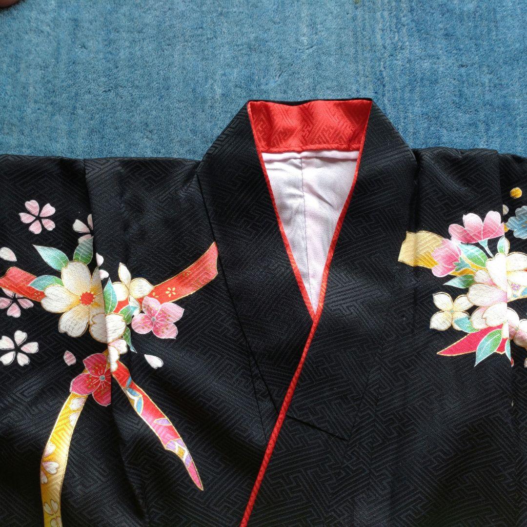 七五三 7歳 女の子 着物 フルセット 正絹 帯はこせこセット 黒地 八重桜 鞠