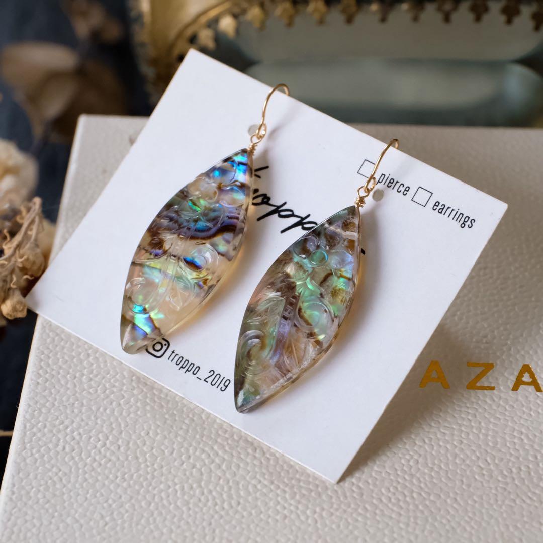 14kgfアバロンシェルフラワーカービングマーキスカットピアス/イヤリング