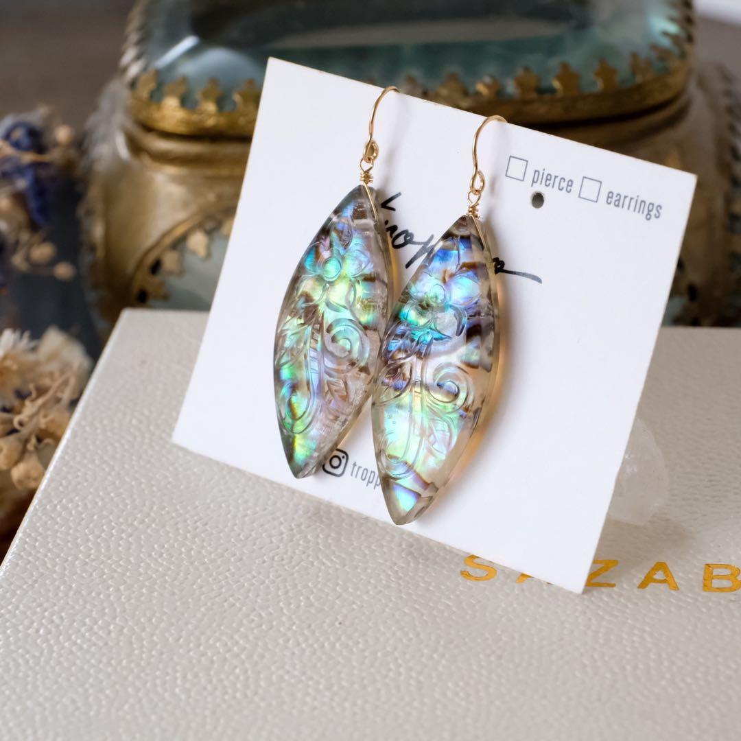 14kgfアバロンシェルフラワーカービングマーキスカットピアス/イヤリング