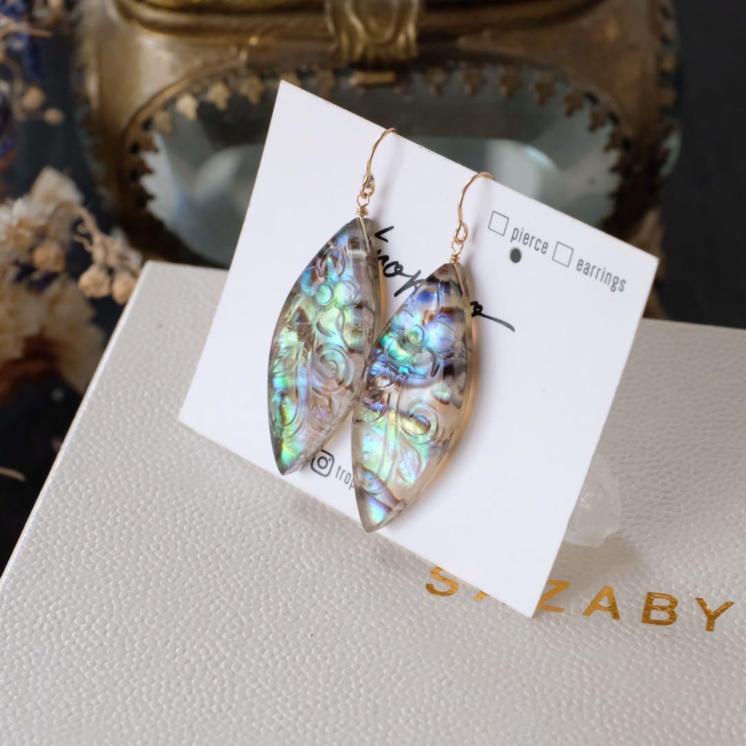 14kgfアバロンシェルフラワーカービングマーキスカットピアス/イヤリング