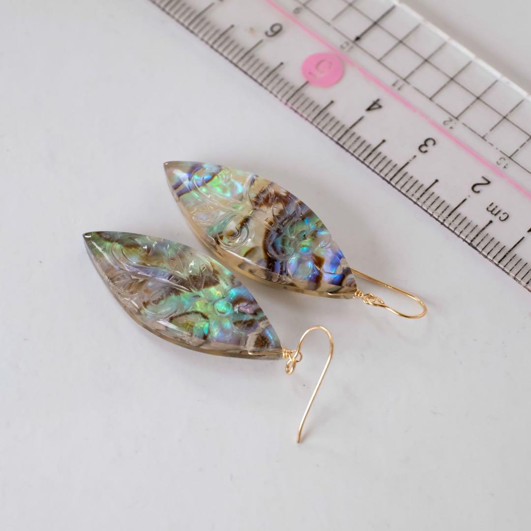 14kgfアバロンシェルフラワーカービングマーキスカットピアス/イヤリング