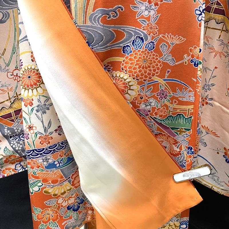 412ag66□七五三 七歳 女児 着物&袋帯 縮緬地 型染 紅型風□状態良好u