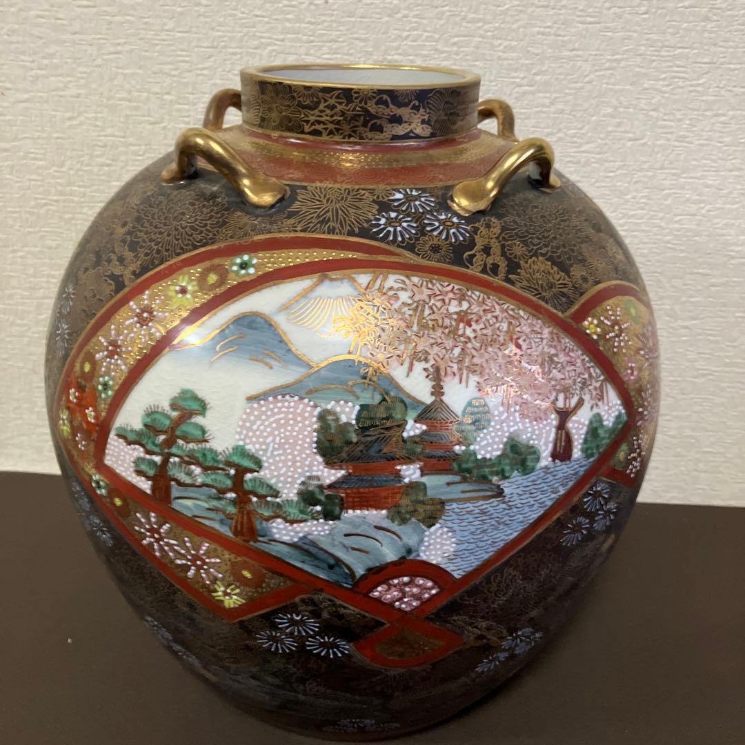 九谷陶源 造 金蘭手 双耳 花瓶 共箱 金彩 茶道具 豪華絢爛 壺