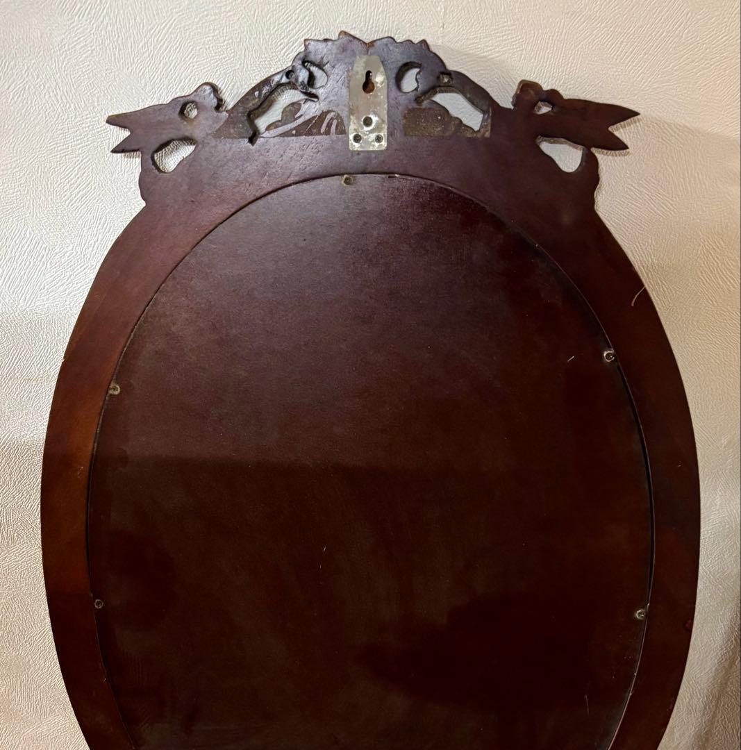 お値下げ　マホガニー製　楕円形　壁掛けミラー　エンゼル　彫刻　輸入家具