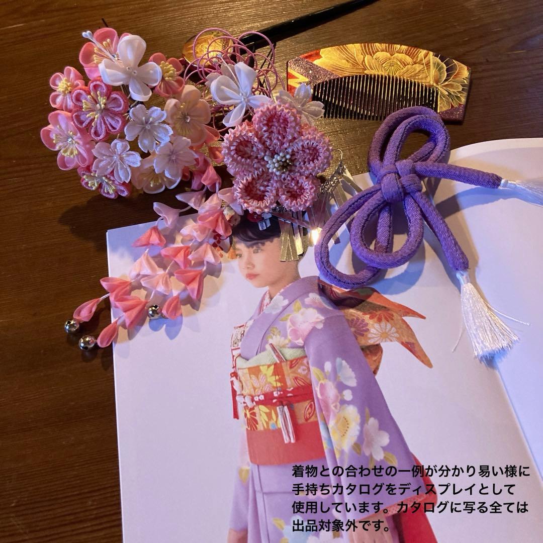 七五三　成人式　春待ち蝶々の花簪　まるぐけおりぼん　櫛平打ち簪　水引簪