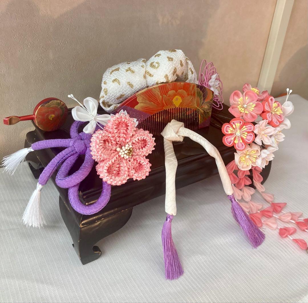 七五三　成人式　春待ち蝶々の花簪　まるぐけおりぼん　櫛平打ち簪　水引簪