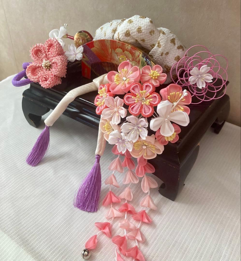 七五三　成人式　春待ち蝶々の花簪　まるぐけおりぼん　櫛平打ち簪　水引簪