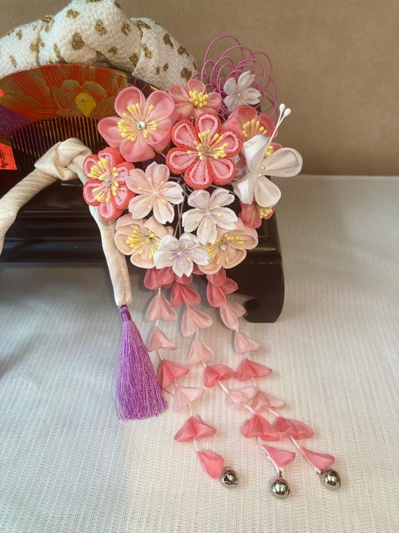 七五三　成人式　春待ち蝶々の花簪　まるぐけおりぼん　櫛平打ち簪　水引簪