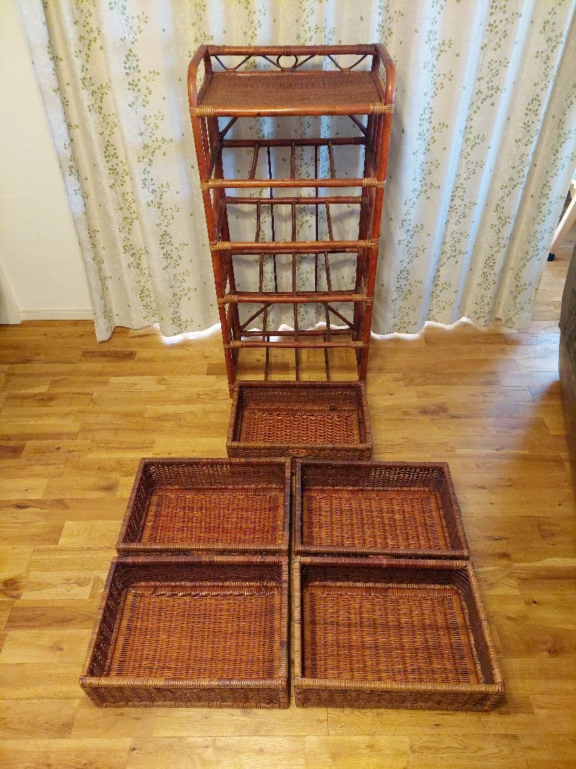 レトロ アンティーク ラタン ５段 チェスト シェルフ