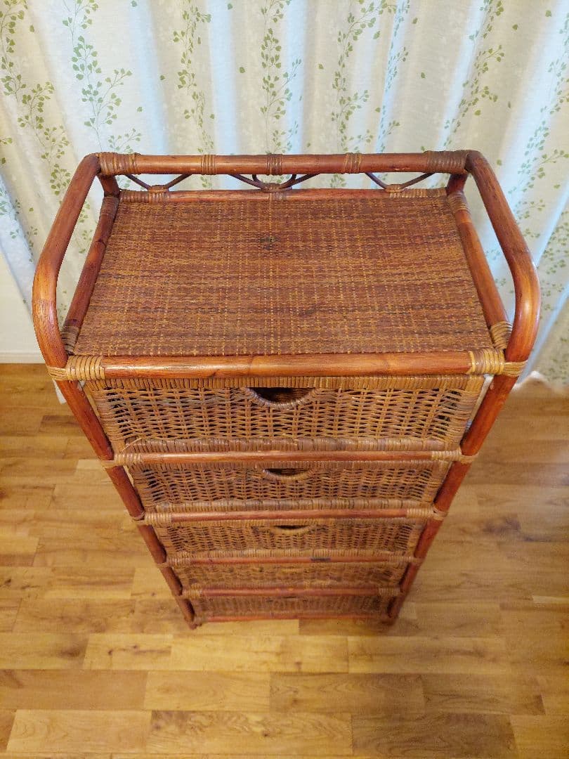 レトロ アンティーク ラタン ５段 チェスト シェルフ