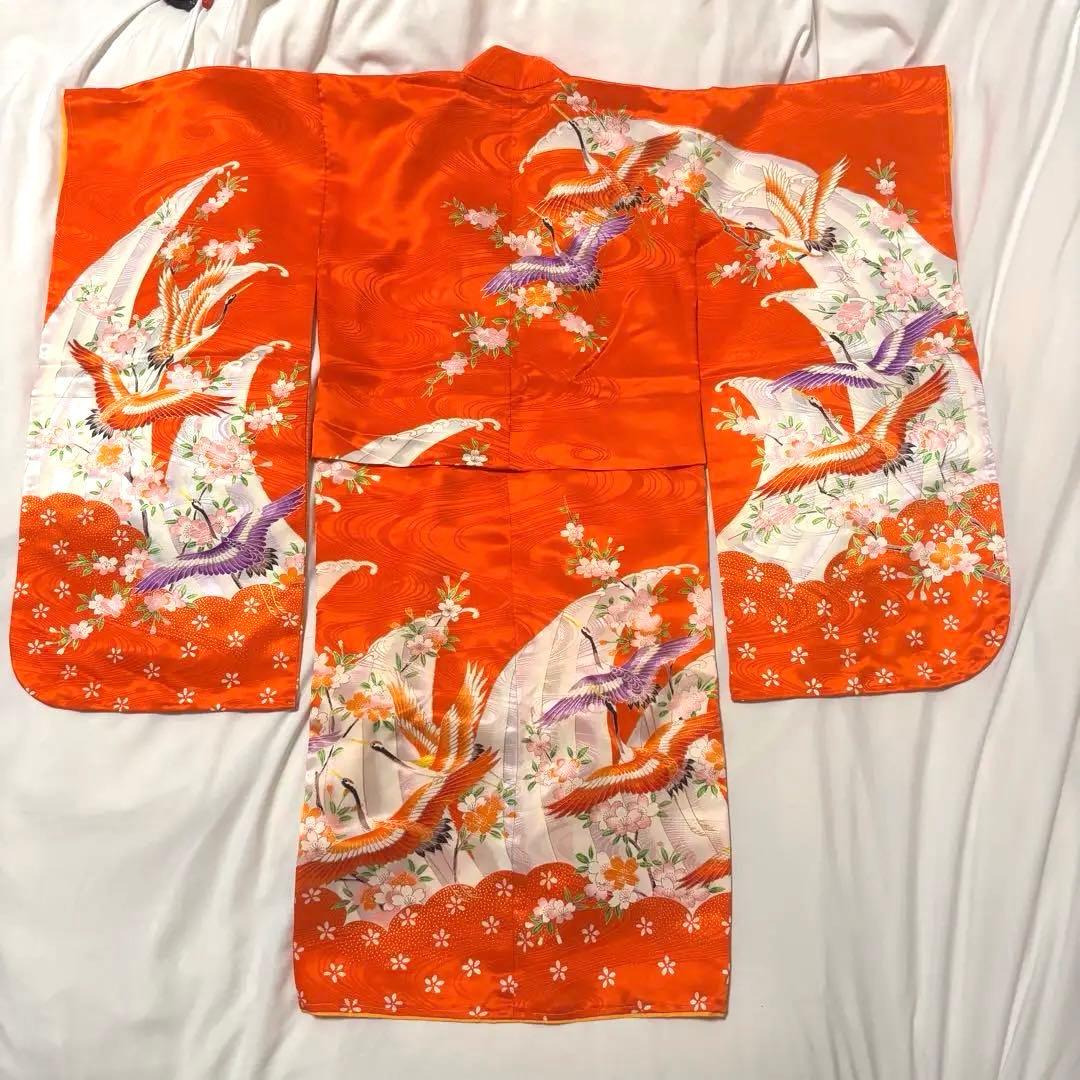売り切り！七五三3~7歳 着物セット ふりそで 鶴と花模 金駒刺繍 金彩加工
