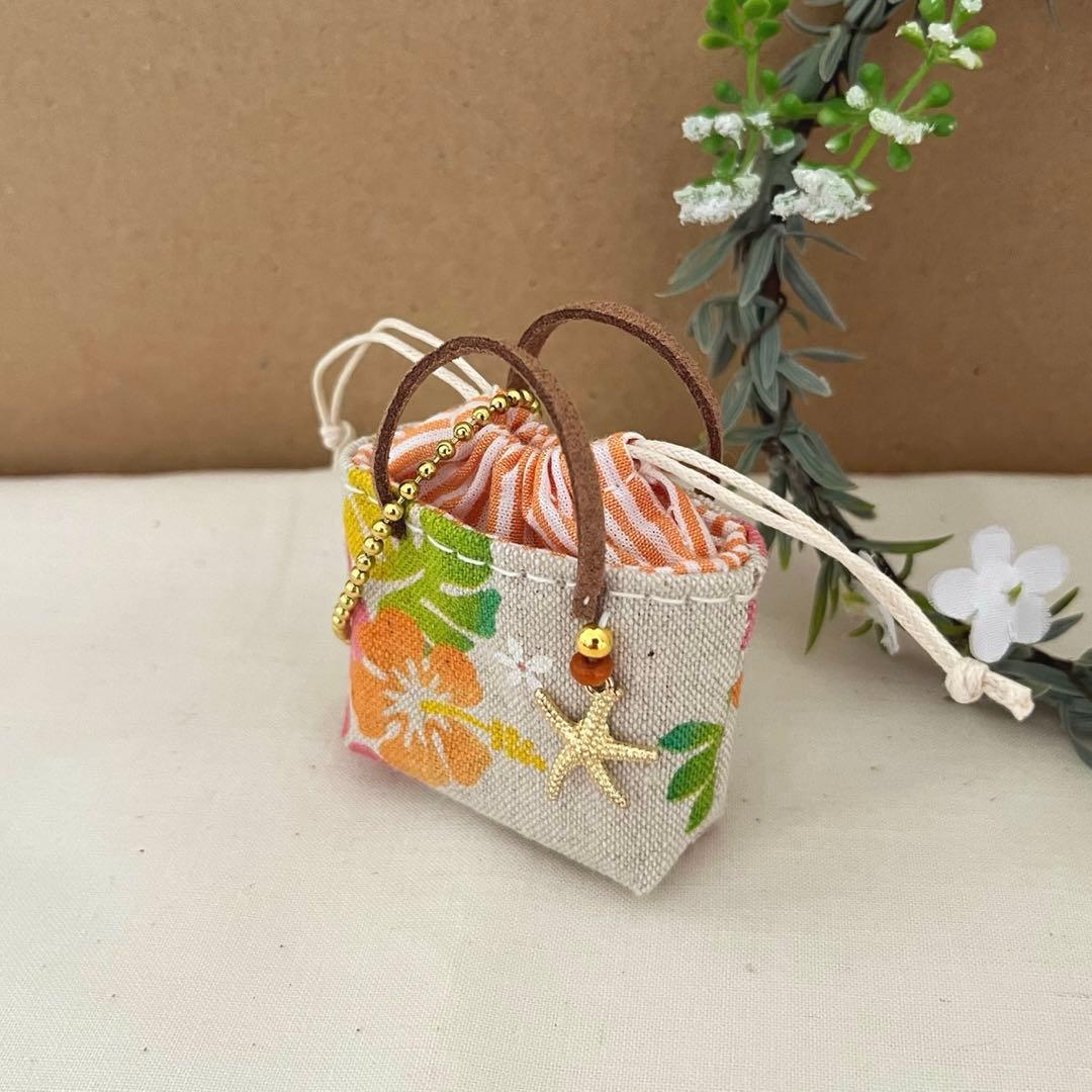 2406-4 ミニチュア巾着トートサシェ 香り袋 綿麻ハワイ SOLD→ご注文