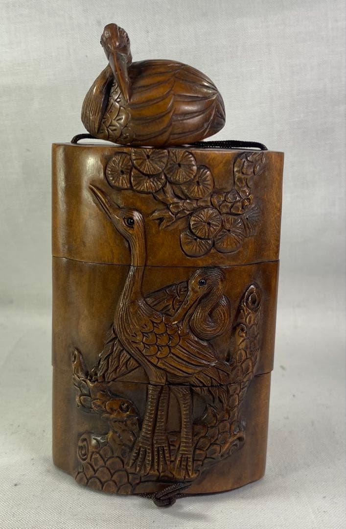 印籠　柘植　松鶴（とり）黄楊繊細彫刻　木製
