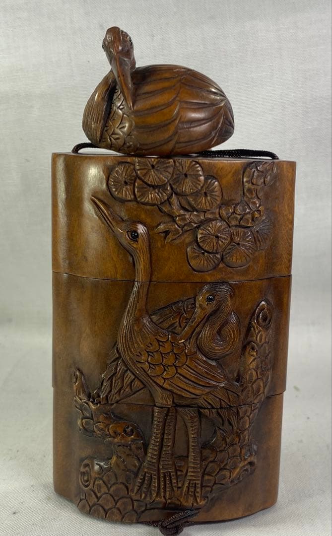 印籠　柘植　松鶴（とり）黄楊繊細彫刻　木製