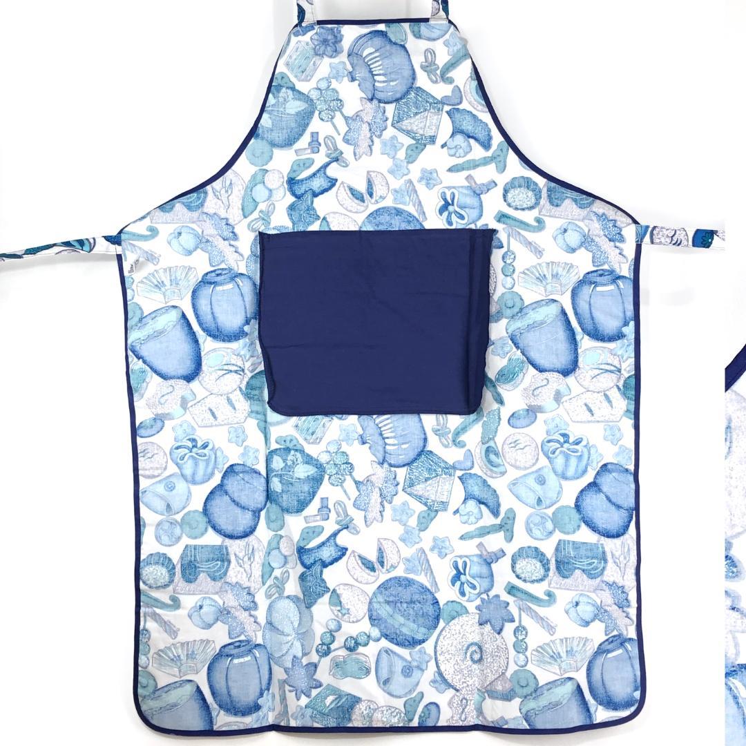 美品・箱付き】エルメス／調理用エプロン 和洋折衷絵柄／ネイビー