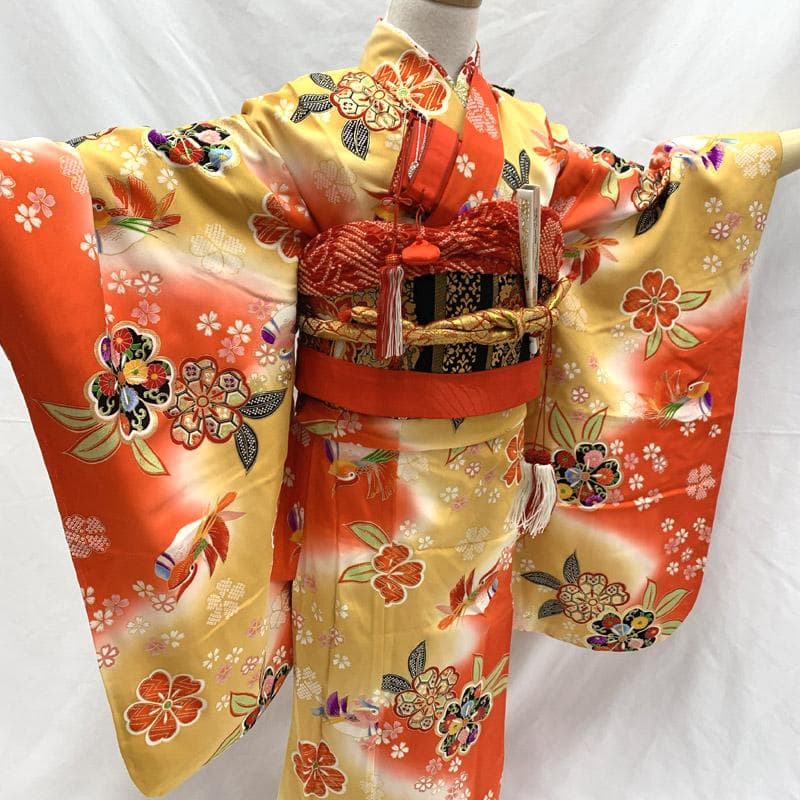 510ag12■七五三 七歳 女児 着物&袋帯&長襦袢 鴛鴦 金彩 花文■美品