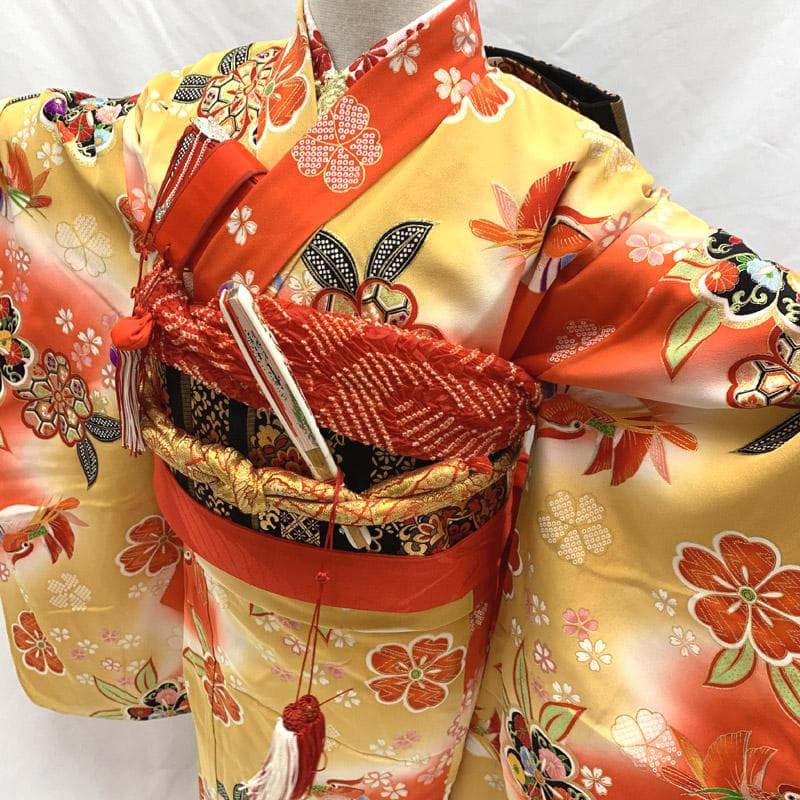 510ag12■七五三 七歳 女児 着物&袋帯&長襦袢 鴛鴦 金彩 花文■美品
