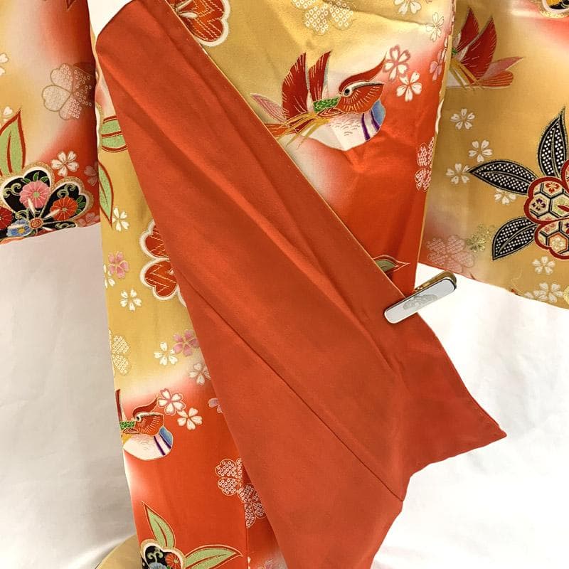 510ag12■七五三 七歳 女児 着物&袋帯&長襦袢 鴛鴦 金彩 花文■美品