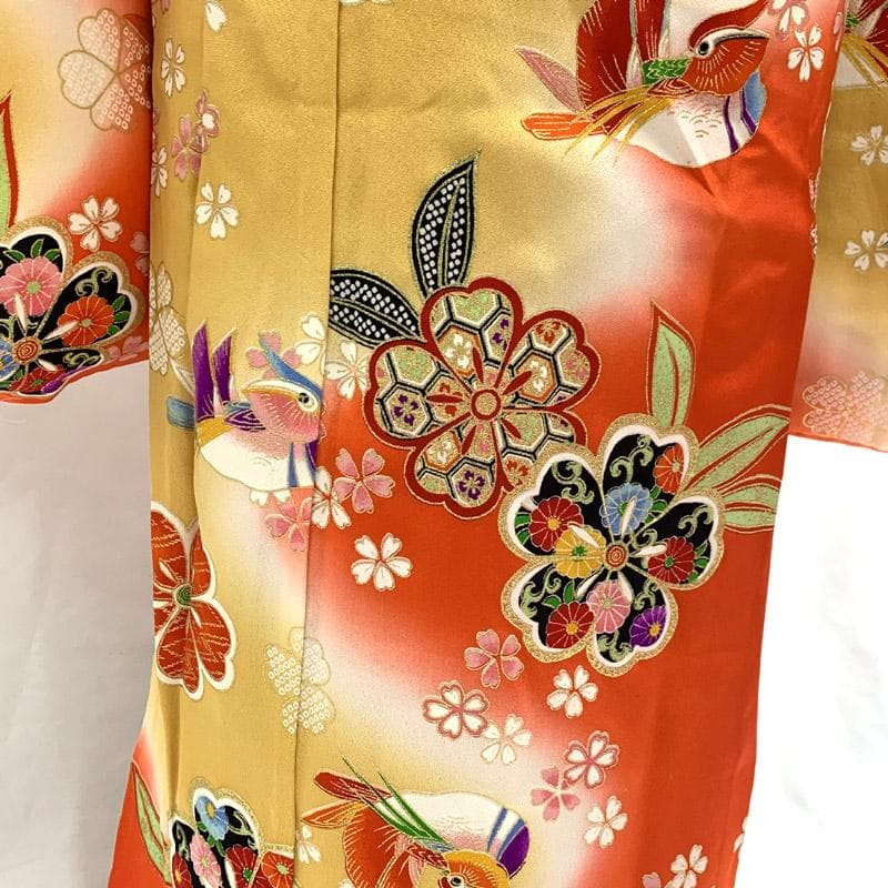 510ag12■七五三 七歳 女児 着物&袋帯&長襦袢 鴛鴦 金彩 花文■美品