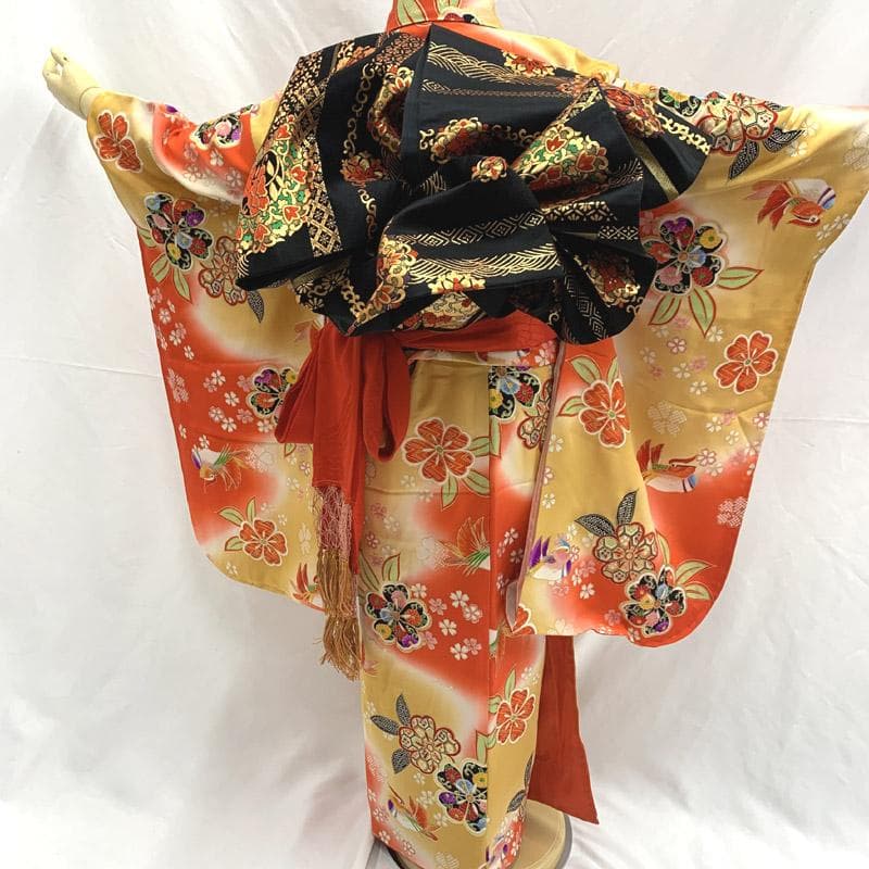 510ag12■七五三 七歳 女児 着物&袋帯&長襦袢 鴛鴦 金彩 花文■美品