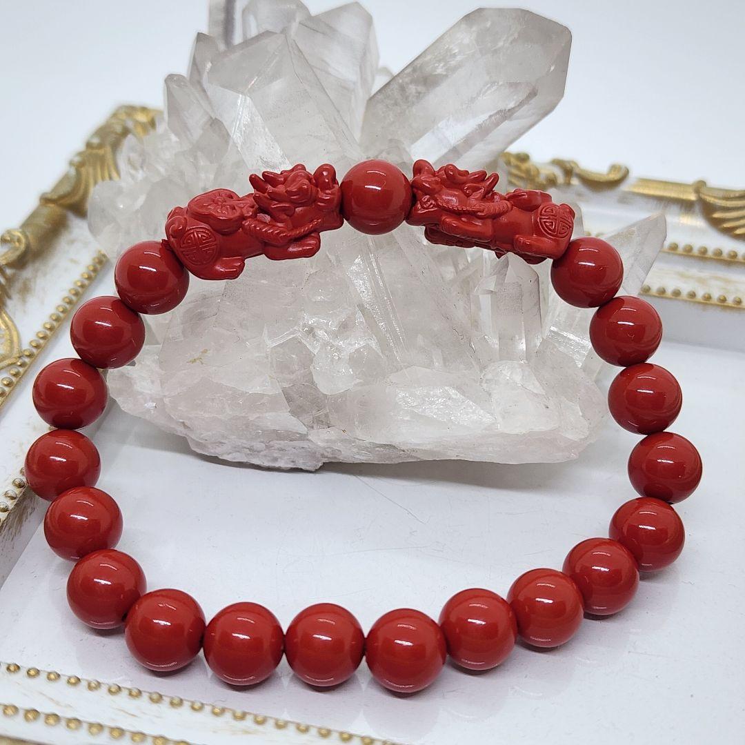 【本物】辰砂ブレスレット 貔貅付き 中国現地オーダー品 8mm天然石 幸運守護